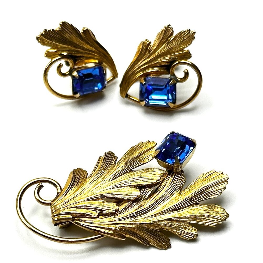 1940s Tru-Kay  Leaf Brooch & Earrings Set—12K Gold-Filled & Czech Crystals—EUC